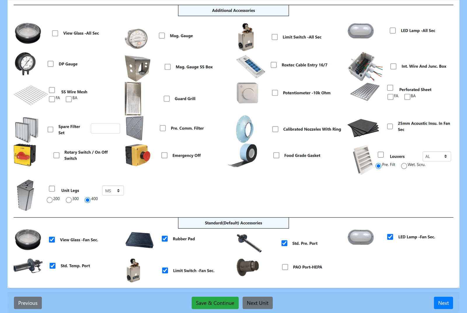 MileSoft AHU additional accessories screen listing view glass, magnehelic and differential pressure gauges, limit switches, louvers and unit legs.