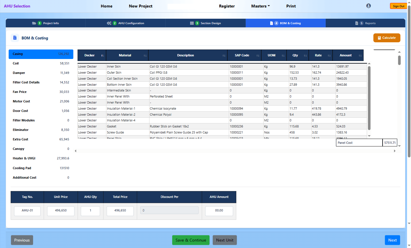 MileSoft AHU bill of materials and costing screen showing a per-decker price build-up across casing, coil, damper, fan, motor, filter, heater and accessories with SAP part codes, quantities, rates and amounts.