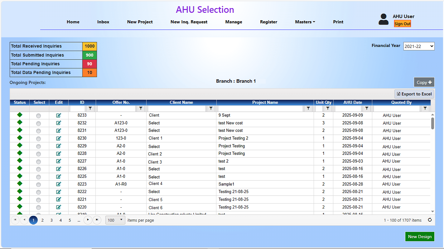 MileSoft AHU dashboard showing project status, tasks, cost and timelines across the inquiry estate.