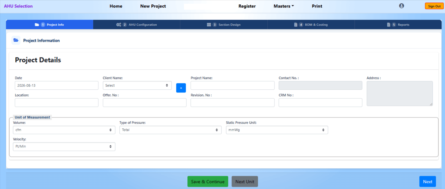 MileSoft AHU Selection Software project information screen capturing client, project, offer and CRM details together with the project's units of measurement.