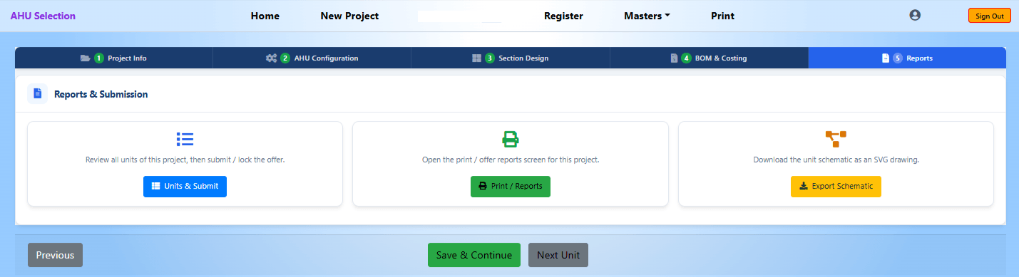 MileSoft AHU reports and submission screen listing every unit in the project with options to submit and lock the offer, print offer reports, or export the unit schematic as a 2D CAD drawing.