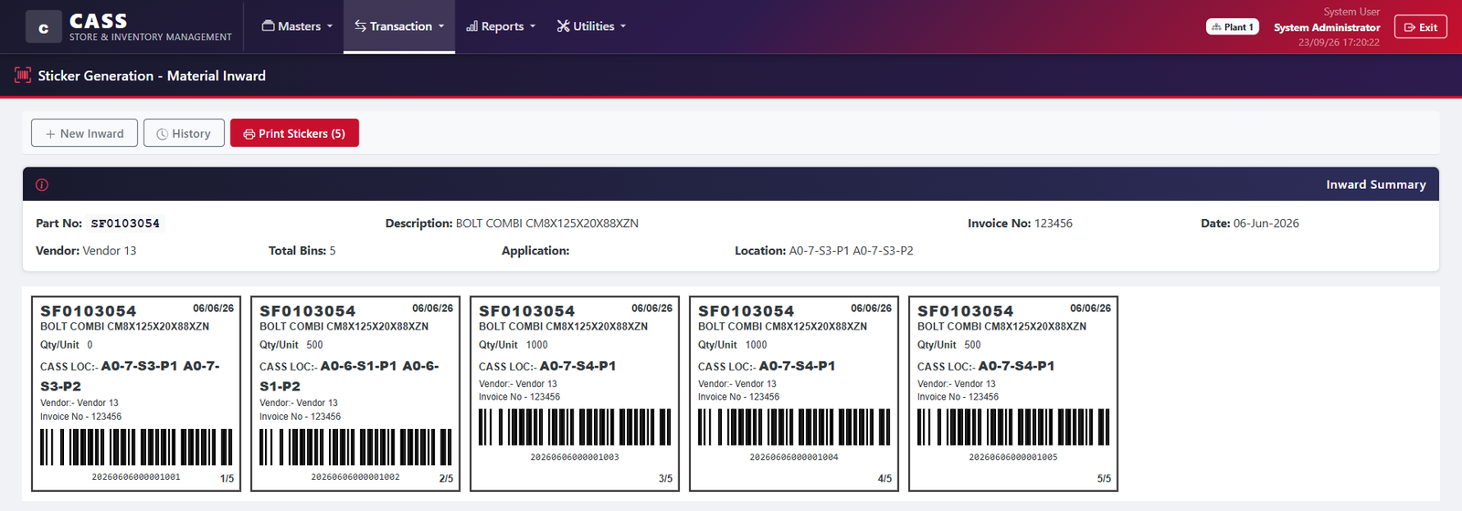 Sticker generation page of the MileSoft Annual Inventory Tagging web system: an inward summary of part, description, invoice, date, vendor and total bins above five bin stickers, each with part number, description, quantity, storage location, vendor, invoice, a unique barcode and a sequence from 1/5 to 5/5.