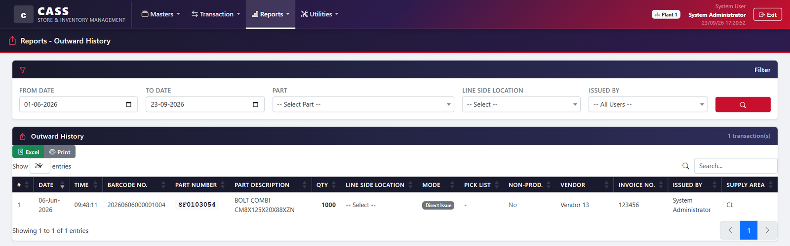 Outward history report from the MileSoft store system, filtered by date range, part, line-side location and issuing user, listing an issue with its date and time, bin barcode, part number and description, quantity, line-side location, a Direct Issue mode badge, pick list, vendor, invoice, issuing user and supply area.