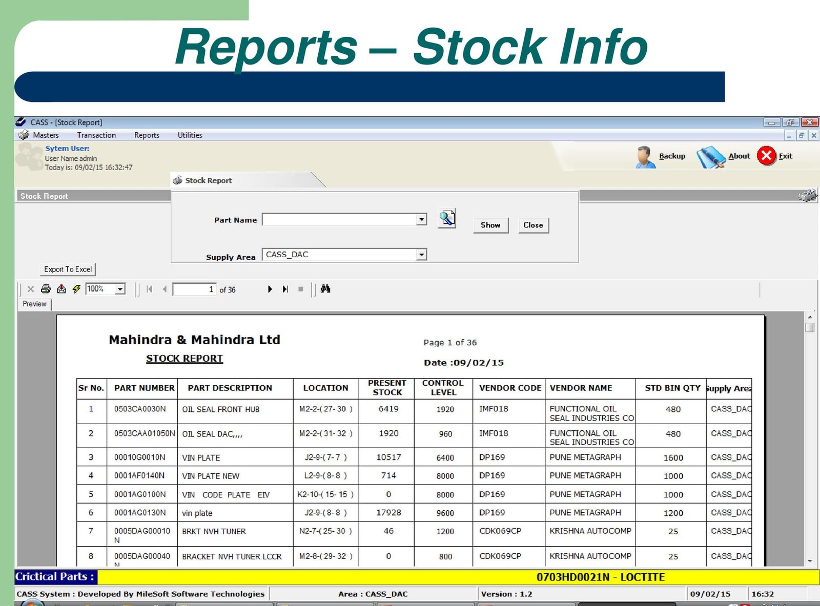 MileSoft Annual Inventory Tagging system overview screen showing the stock-take workflow.