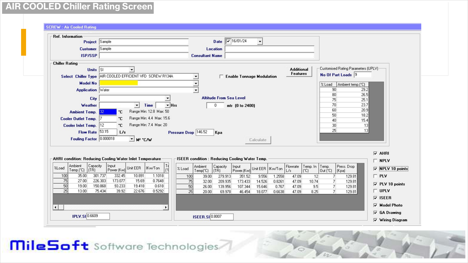 MileSoft Chiller Selection Software rating output showing the AHRI part-load table at 100, 75, 50 and 25 percent load alongside full-load efficiency and the integrated and non-standard part-load values.