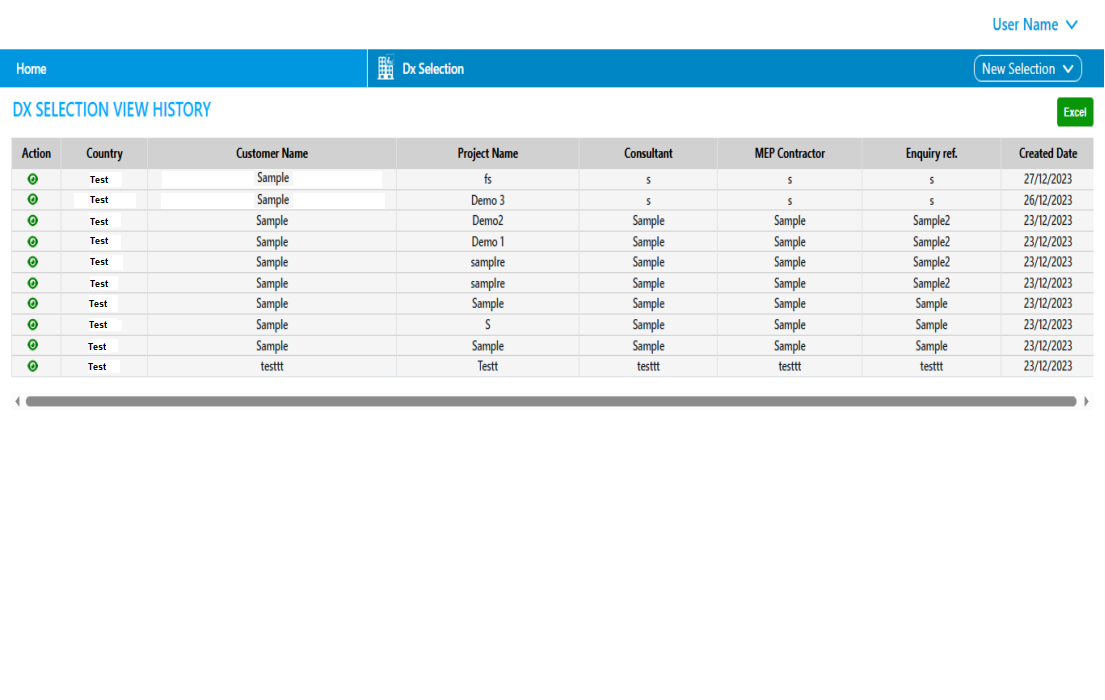 MileSoft DX Selection Software dashboard listing direct-expansion selection projects with status and navigation.