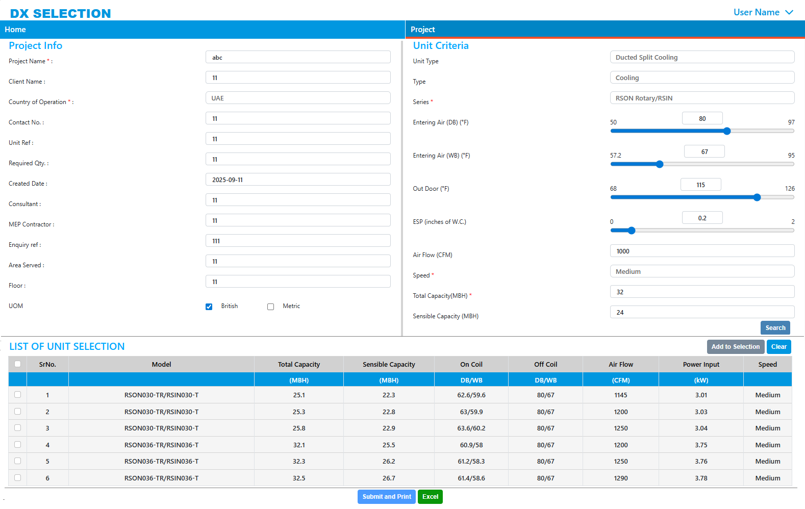 MileSoft DX new selection screen taking required total and sensible capacity, entering and ambient conditions and design airflow, and returning conforming models.