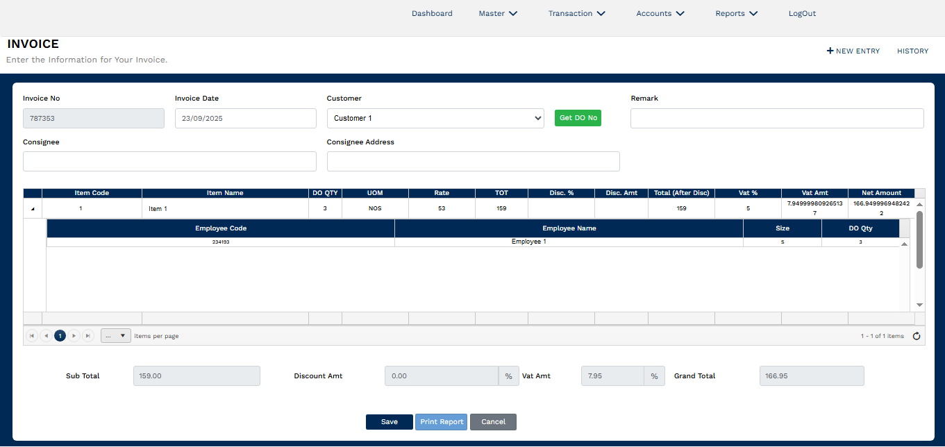 Invoice screen. A header holds invoice number, date, customer, consignee and remark, with a button to retrieve the delivery order number. An item grid shows one line with quantity, unit of measure, rate, total, discount, tax percentage and amount. The line is expanded to reveal a nested grid of employee code, employee name, size and delivery quantity. Sub total, discount, tax and grand total fields appear at the foot.