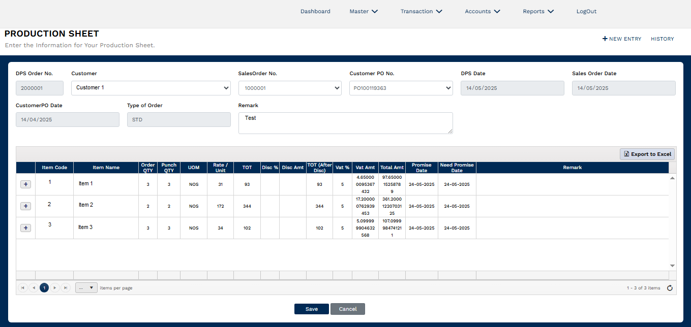 MileSoft ERP production sheet showing planned operations and quantities for a production order.
