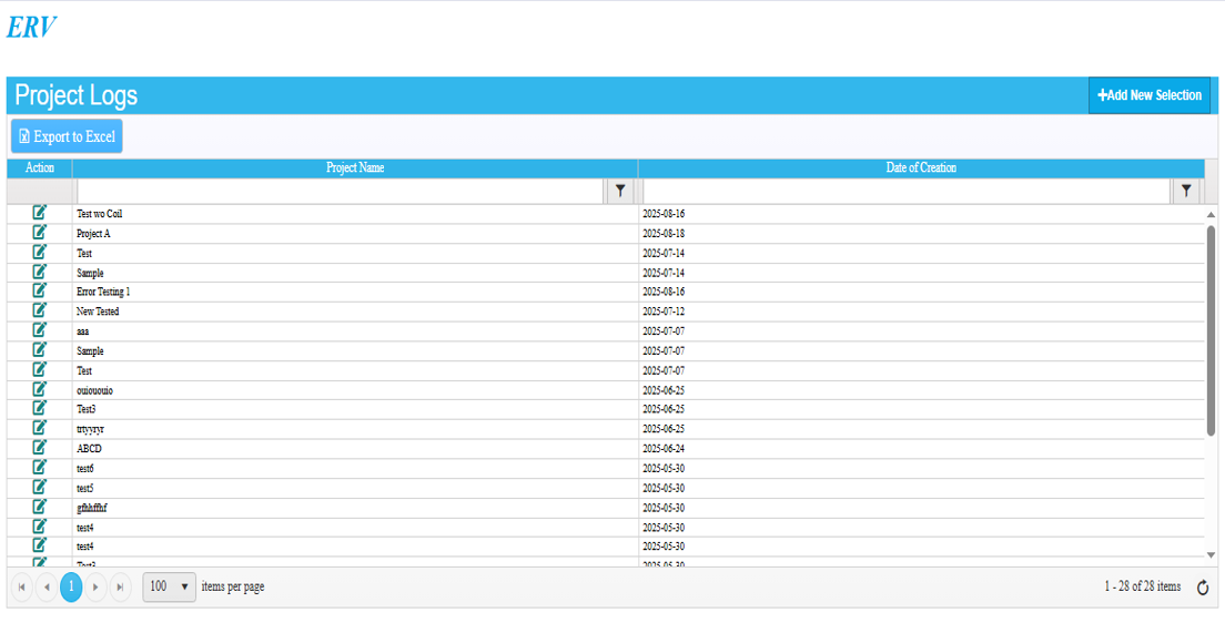 MileSoft ERV Selection Software dashboard listing energy recovery projects with their status and quick access to each module.
