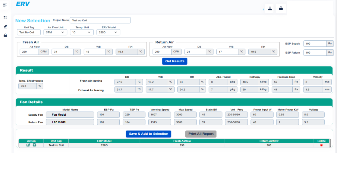MileSoft ERV unit selection screen recommending energy recovery units matched to the project's design specification.