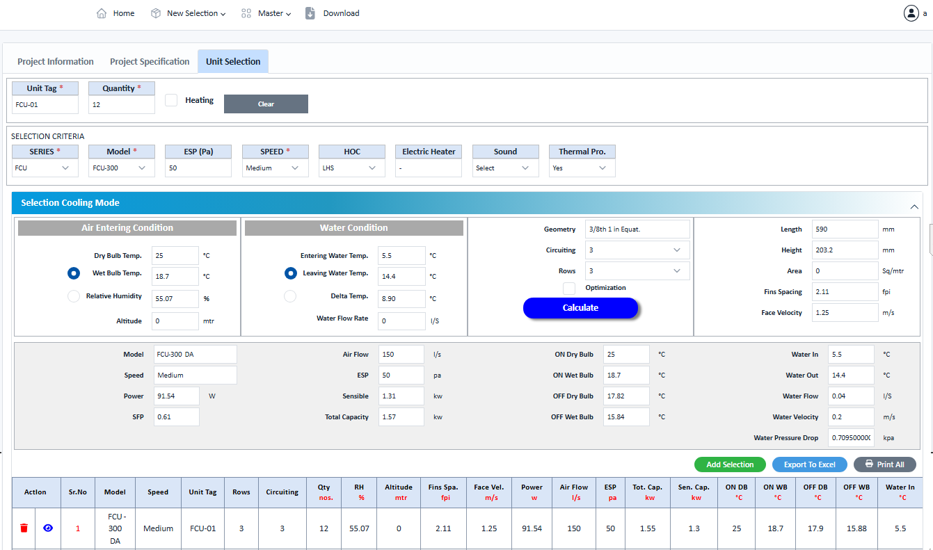 MileSoft FCU project selection screen recommending units that match the zone's capacity and efficiency requirements.