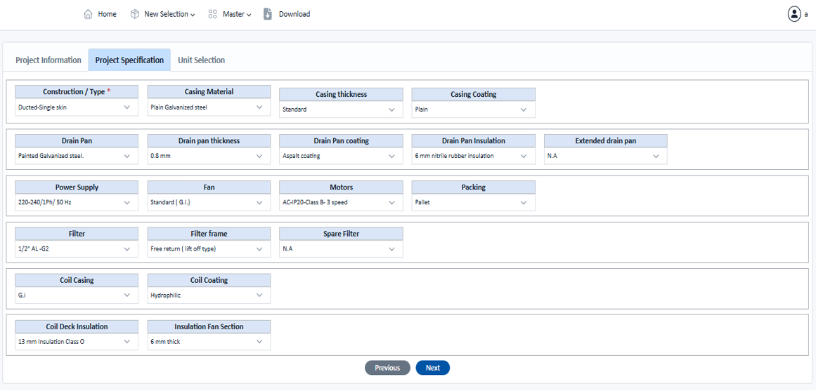 MileSoft FCU project specification screen defining technical parameters, design constraints and environmental conditions used for selection.