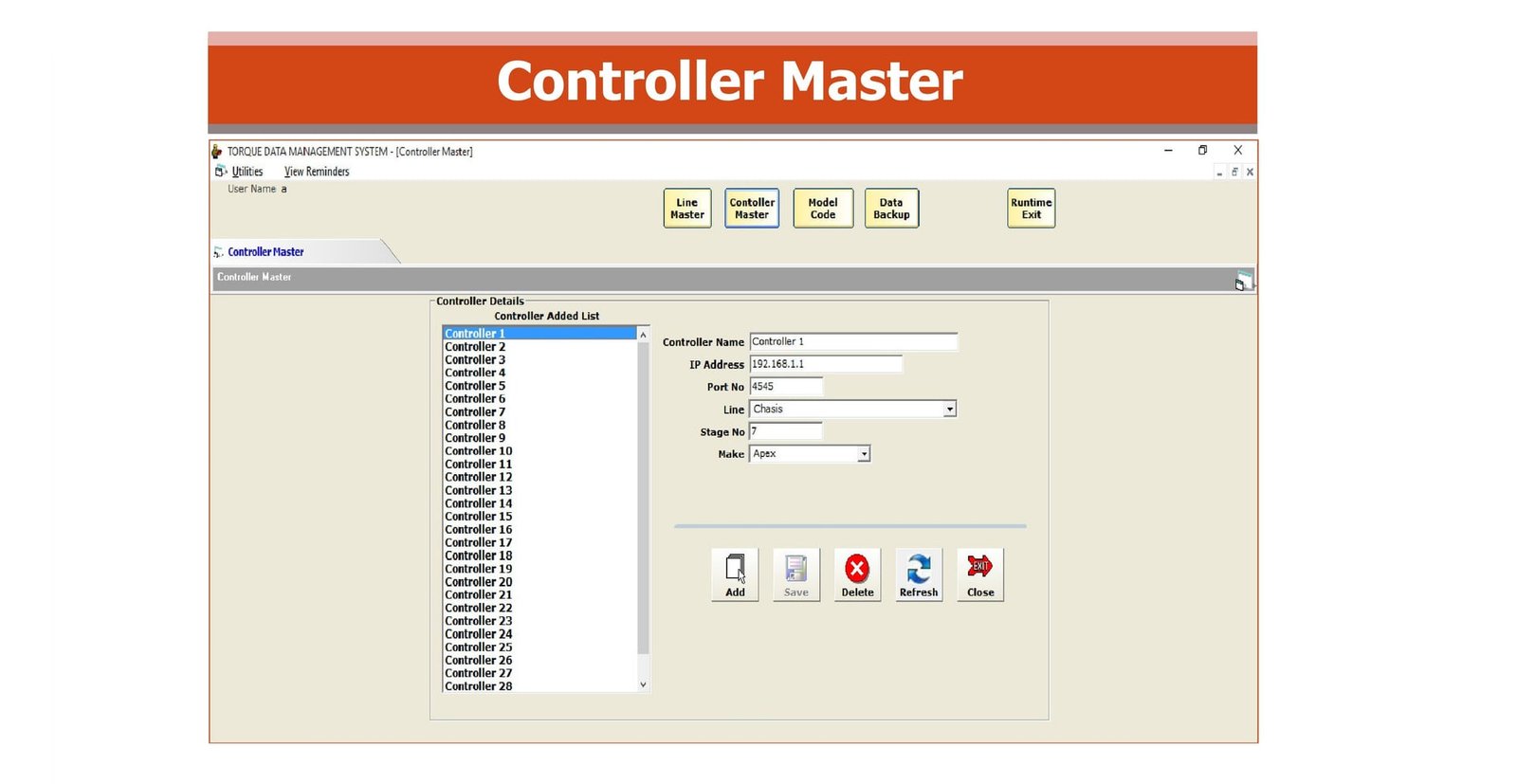 MileSoft Torque Traceability controller master screen, a centralised console for managing all torque controllers and their detailed settings.
