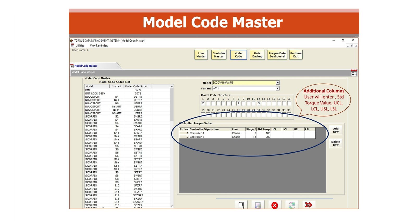 MileSoft Torque Traceability model code master screen for centralised control of torque model configurations.