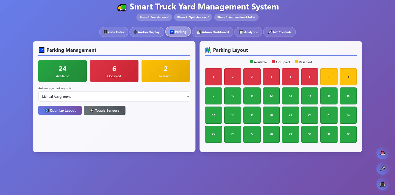Parking management screen showing three counters reading 24 available, 6 occupied and 2 reserved, a selector currently set to manual assignment, and buttons to optimise the layout and toggle sensors. Beside them a parking layout grid of 32 numbered slots is colour-coded: six red occupied slots and two amber reserved slots in the first row, the remaining 24 green and available.
