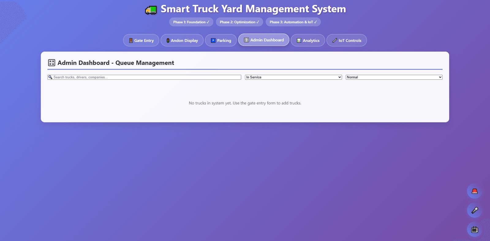 MileSoft truck queue dashboard showing queued vehicles with status and priority handling.