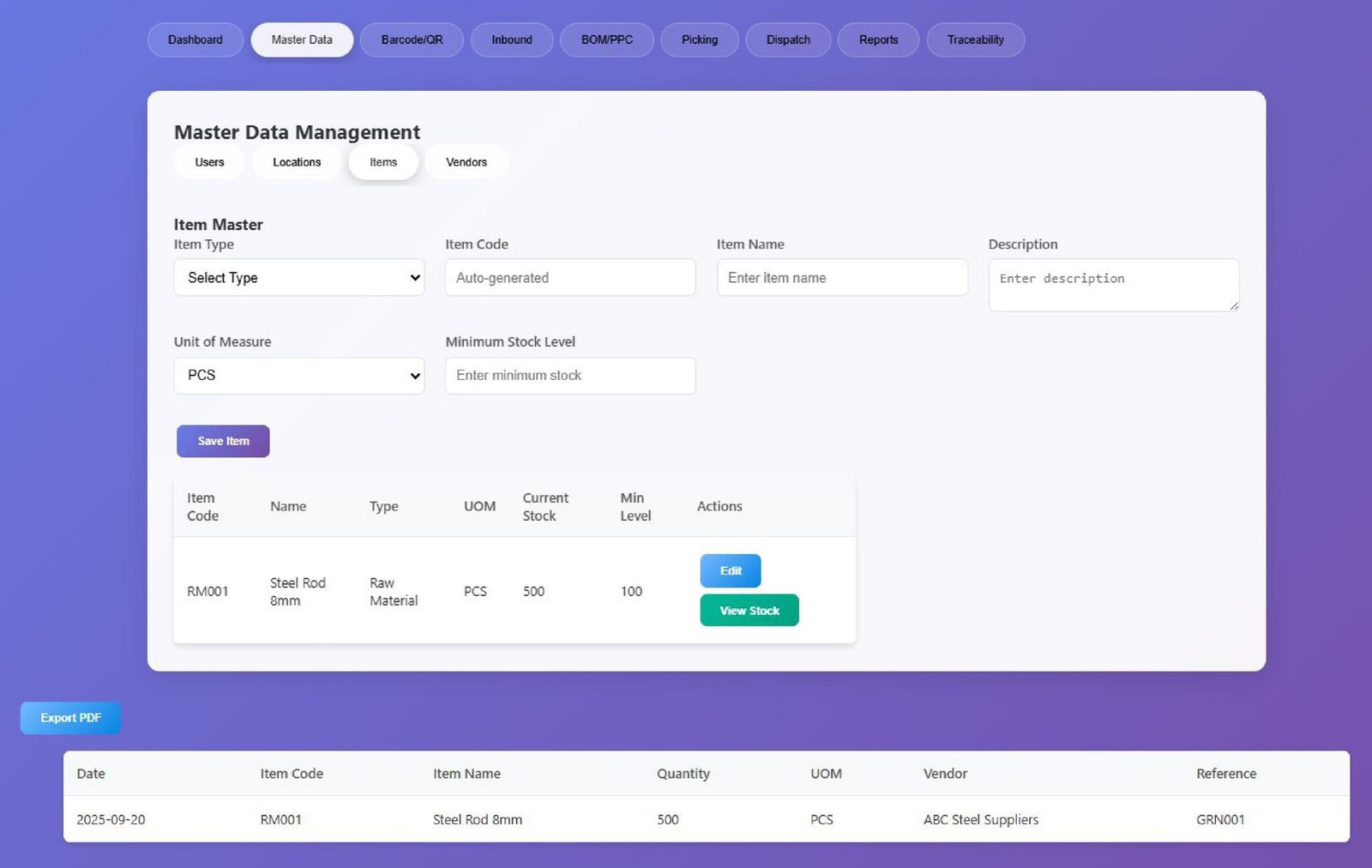 MileSoft WMS Master Data Management screen showing the Item Master with item code, unit of measure, minimum stock level and a current stock table.