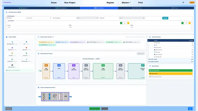 MileSoft AHU Selection Software, Section Design step: a section palette, the air-flow order of pre-filter, coil, fan, filters, plenums and cooling pad, and a live schematic drawing each section to scale.