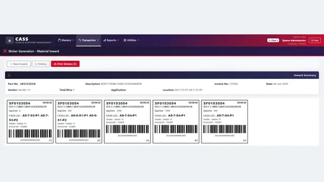 MileSoft annual inventory tagging web software: five barcode stickers printed for one receipt, one per bin, each with the part, the quantity in that bin, its storage location, the vendor, the invoice and its place in the set.