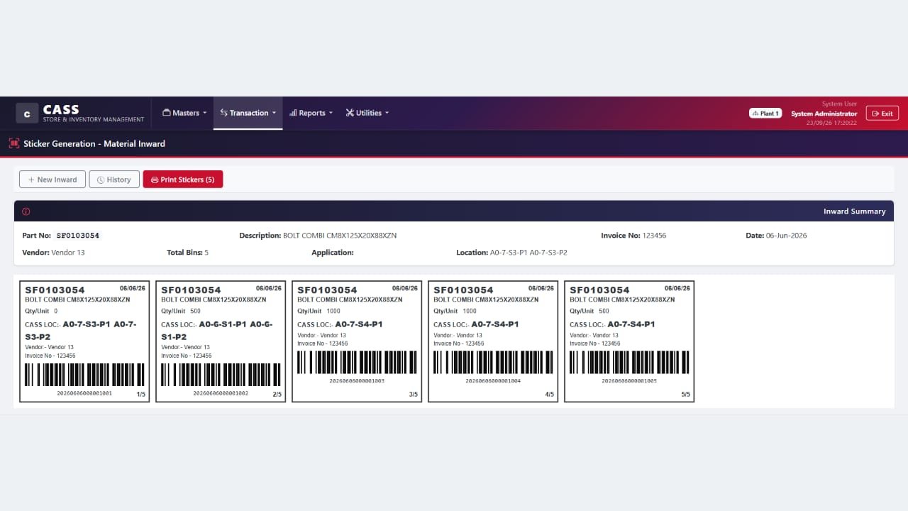 MileSoft annual inventory tagging web software: five barcode stickers printed for one receipt, one per bin, each with the part, the quantity in that bin, its storage location, the vendor, the invoice and its place in the set.