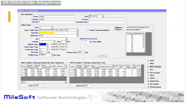 MileSoft chiller selection software, air-cooled screw chiller rating screen: design inputs with their permitted ranges above part-load result tables under AHRI and ISEER conditions, and report options down the right.