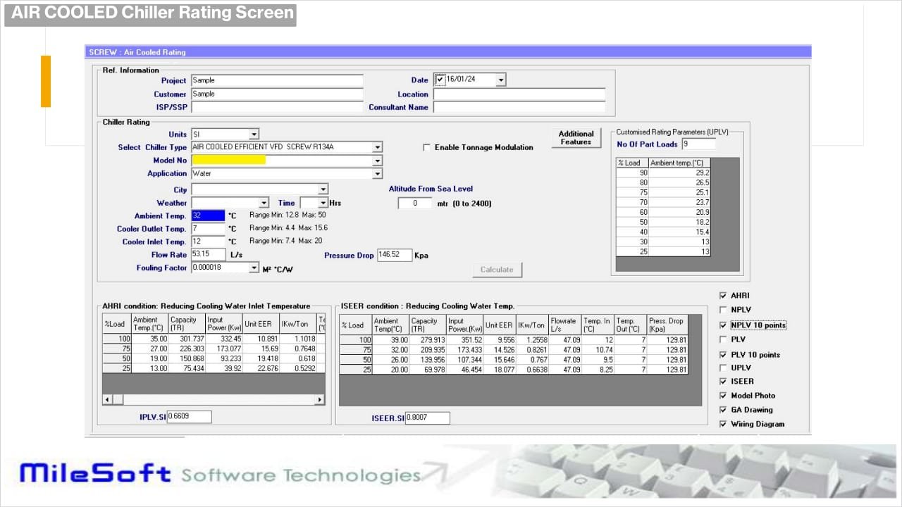 MileSoft chiller selection software, air-cooled screw chiller rating screen: design inputs with their permitted ranges above part-load result tables under AHRI and ISEER conditions, and report options down the right.