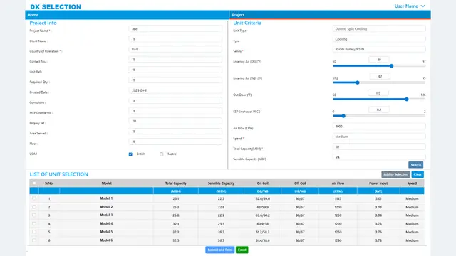 MileSoft DX Selection Software, New Selection screen: project details on the left, unit criteria with entering air, outdoor temperature and external static pressure on the right, and a list of matching models with their capacities, airflow and power input below.