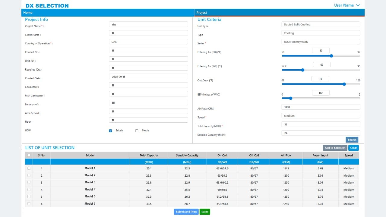 MileSoft DX Selection Software, New Selection screen: project details on the left, unit criteria with entering air, outdoor temperature and external static pressure on the right, and a list of matching models with their capacities, airflow and power input below.