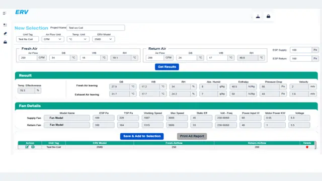 MileSoft ERV Selection Software, New Selection screen: fresh and return air conditions, the calculated temperature effectiveness and leaving air conditions, and the supply and return fan details.