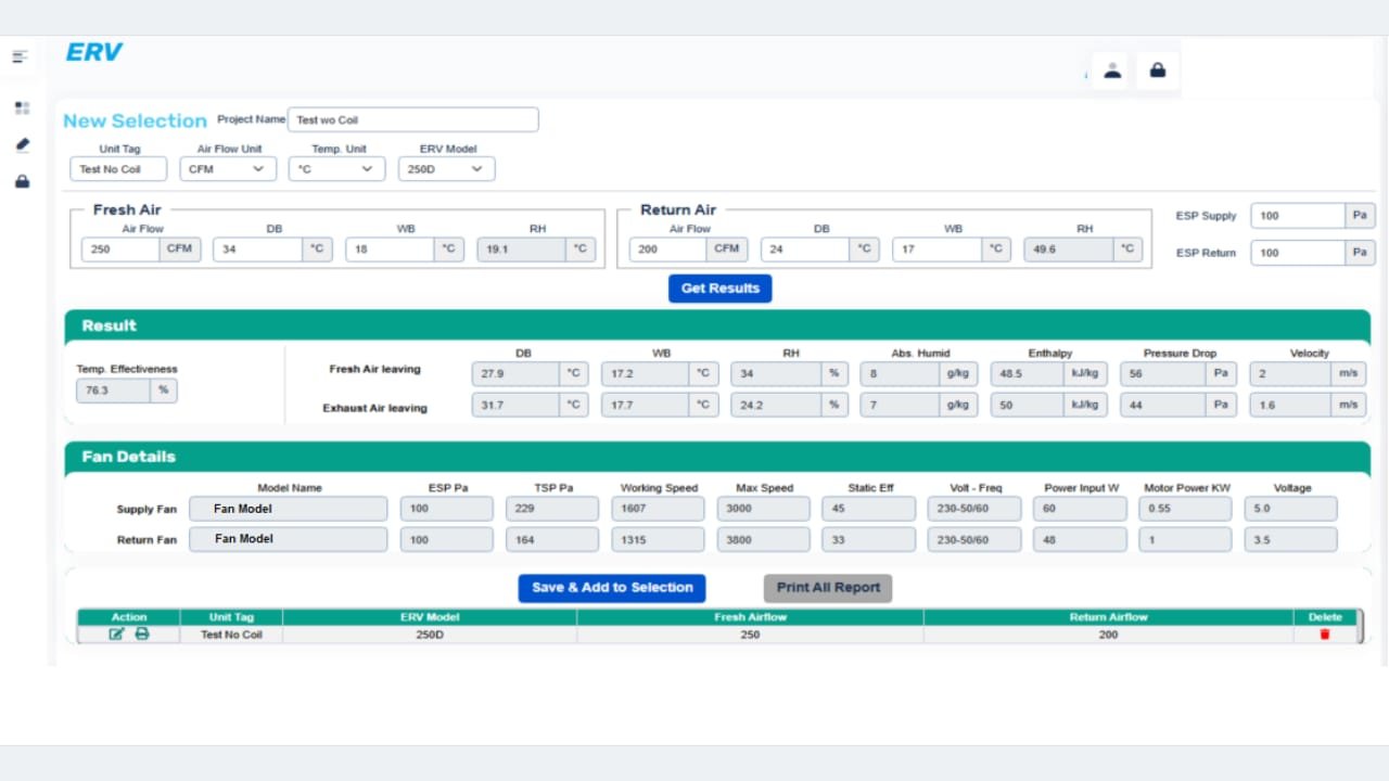 MileSoft ERV Selection Software, New Selection screen: fresh and return air conditions, the calculated temperature effectiveness and leaving air conditions, and the supply and return fan details.