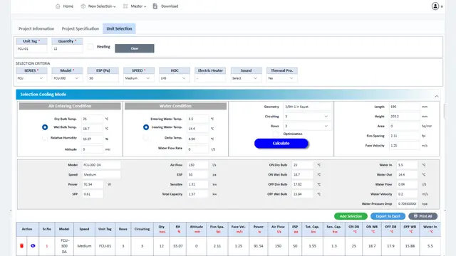 MileSoft FCU Selection Software, Unit Selection tab: selection criteria, the air entering and water conditions, coil geometry, and the calculated capacity, power and water pressure drop above a list of selected units.